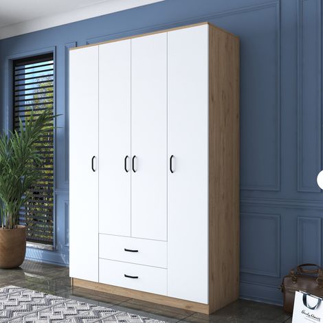 Großer Kleiderschrank mit Waschbecken, Schlafzimmer Schrank 11 Fächer, 2 Schubladen, Kleiderstange, 140x210h cm Weiß (1/5)