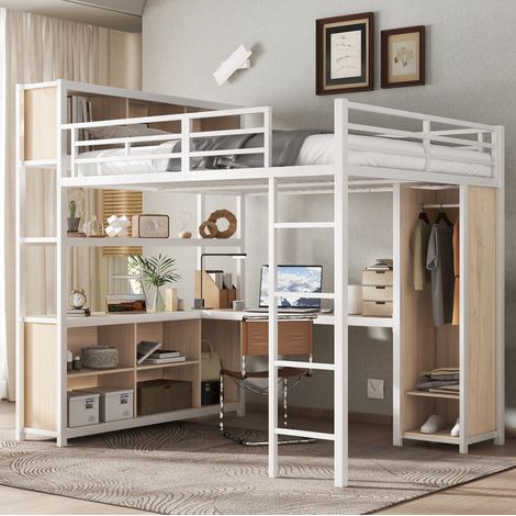 Cama alta moderna 140x200 cm de metal y madera blanco/natural con armario, escritorio y almacenaje (1/5)