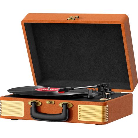 Lecteur de vinyle, design de valise portable, haut-parleurs intégrés, Marron Foncé