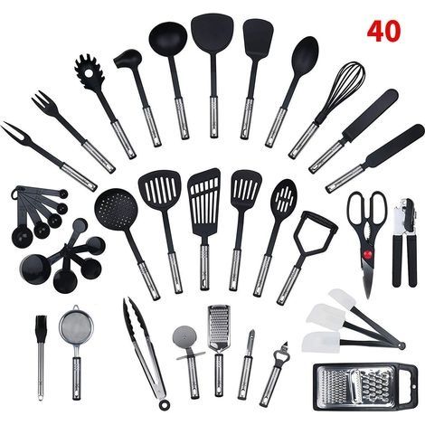Ensemble de 40 pièces par set de cuisine en acier inoxydable et nylon, ensemble de gadgets de cuisine, set de cuisine, batterie de cuisine, ustensiles de cuisine, équipement d'origine, (1/4)