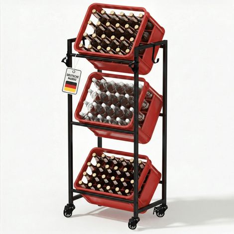 Roxlin Getränkekistenregal für 3 Kisten – Stabiles Metallregal mit 360° Rollen, Haken & Bieröffner, Mobiler Getränkekistenständer für Bier- & Wasserkisten (1/5)