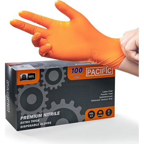 Gants Jetables en Nitrile Orange, Heavy-Duty, Industriel, Mécanique, Texture Diamant, Sans Latex, Sans Poudre, EN 374, XL/10 (1/5)