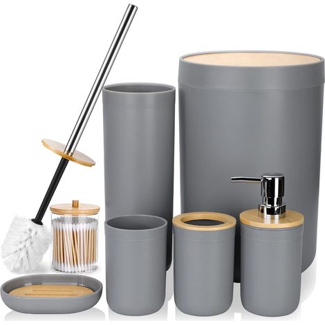 Ensemble de 7 pièces d'accessoires de salle de bain en bambou - Ensemble d'accessoires moderne en plastique - Porte-brosse à dents, gobelet, porte-coton-tige, brosse de toilette (1/5)