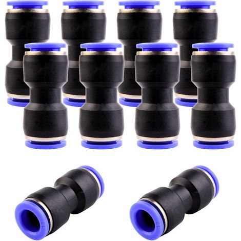 10 - Raccord Pneumatique - Connecteur Rapide - Push-to-Connect pour Air Comprimé - Compatible Tuyau PU Nylon - Noir et Bleu - 11 mm (1/5)
