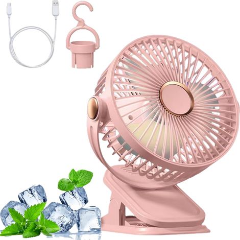 Ventilatore USB a clip da 1200 mAh, silenzioso, 5 velocità, rotazione a 360°, luce LED, portatile per ufficio o dormitorio, rosa (1/5)