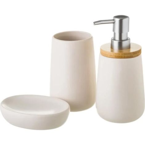 Ensemble d'accessoire salle de bain 3 pièces,set salle de bain avec distributeur de savon en céramique-bambou coloris blanc-naturel (1/2)