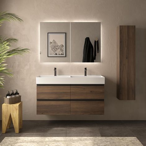 Meuble de salle de bain BEQUIA METAL 120cm Noyer Vasque Veneto Porcelaine Centrale (1/4)