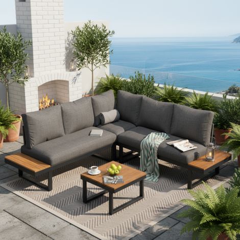 4-5 Seater Outdoor Garden Lounge Set with Galvanized Iron Frame,Adjustable Reclining Seating,WPC Tabletop,Gray Fabric (1/5)