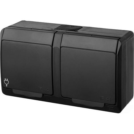 Presa da parete a 2 posti, IP44, nera, HERMES (1/3)
