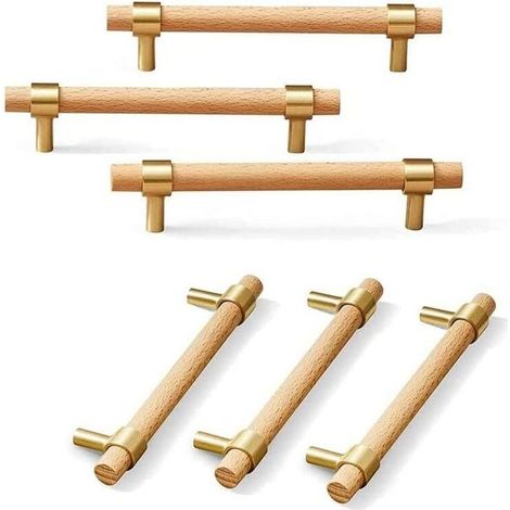 Maniglie in legno per mobili, 6 pezzi. Maniglie in legno - maniglie in legno per armadietti - maniglie in legno per mobili da cucina. Interasse fori: 96 mm. (1/3)