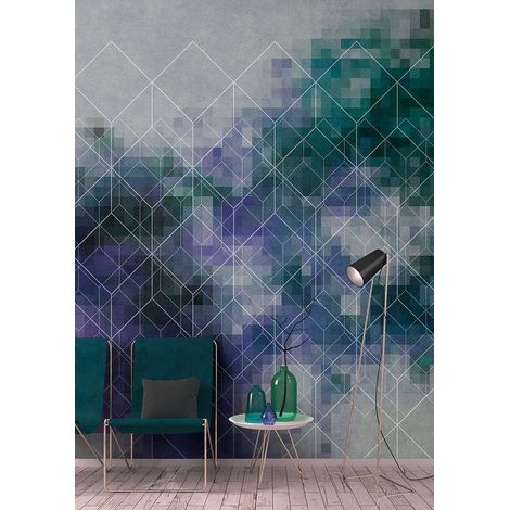 Papier peint panoramique bleu & violet graphique | Tapisserie panoramique géométrique salon | Papier peint panoramique turquoise pour escalier - 270 x 400 cm (4 pièces) (1/5)