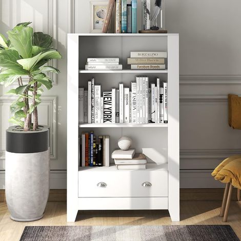 3-tier bookcase, large storage shelf with drawers, wooden shelf for the living room (80 x 29 x 130 cm) (1/5)