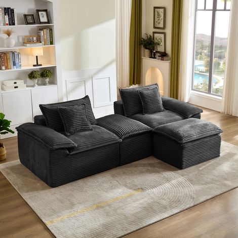 Canapé convertible 2 places en velours côtelé avec poufs (1/5)
