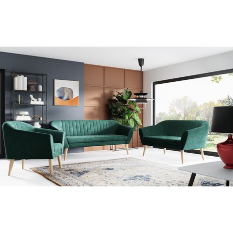 Wohnzimmerset 3 Sitzer 2 Sitzer Sofa + Sessel Couchgarnitur 321 Samt Gruen (1/5)