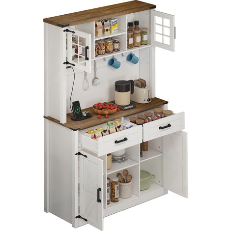 Vaisselier avec éclairage LED et prises, grand buffet de cuisine avec 2 grands tiroirs, design porte de grange, étagères réglables, meuble bas rustique pour bar à café, blanc (1/5)