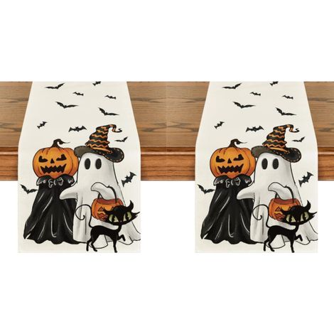 Camino de mesa de Halloween, decoración de mesa para el hogar y fiestas, 33 x 183 cm, diseños de fantasmas y calabazas de Halloween (2 piezas) (1/5)