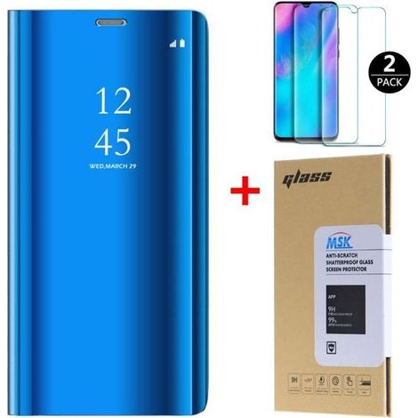 Coque Huawei P30 Lite et [2 Pack] Verre trempé, Miroir Case Avec Stand Fonction Flip Protection Pour Huawei P30 Lite - Bleu (1/4)