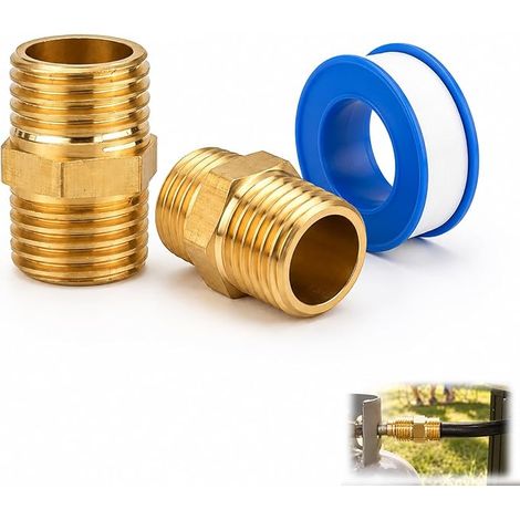 Lot de 2 Raccords de Tuyau de Gaz Double Mamelon, Adaptateur Gaz G1/4 G3/8 en Laiton avec Bande Téflon, Filetage Extérieur Droit AG, Connecteur Rapide Étanche pour Tuyaux Liquides, Atelier (1/5)
