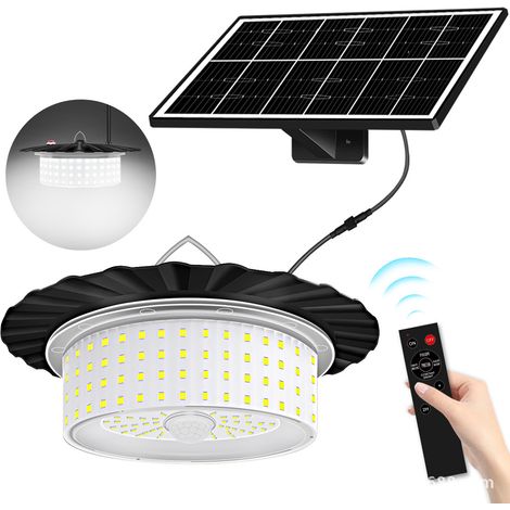 Suspension Solaire LED Étanche pour Abri de Jardin, Éclairage à 360°, 5 Modes D'éclairage, Détecteur Mouvement, Minuterie et Télécommande Intérieur (1/5)