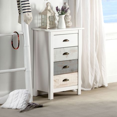 Chiffonnier 4 tiroirs 46x35x80 cm en pin blanc, gris et beige - KINDA (1/5)