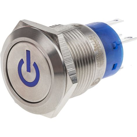 Bouton-poussoir, Verrouillable lumineux, LED Bleu, Unipolaire à deux directions (1RT), 5 A, Argent, Montage panneau 12V ( Prix pour 1 ) (1/2)
