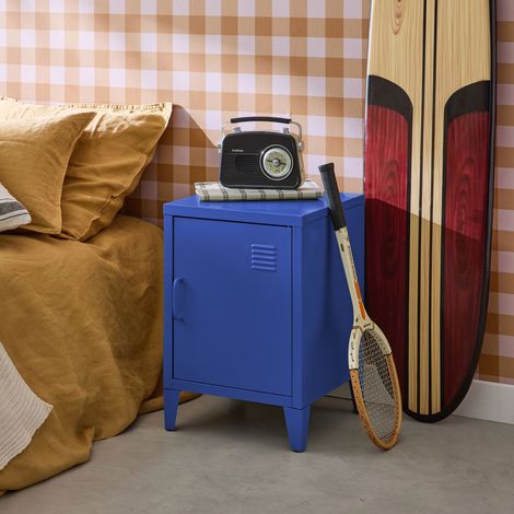 Table de chevet en acier bleu. 1 porte. casier. chambre enfant