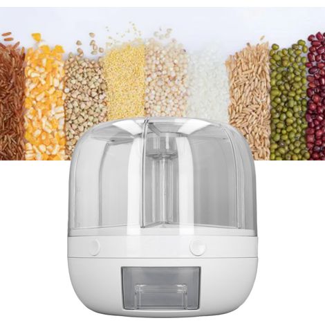 Seau à riz rotatif de 3,5 kg, distribution de riz par simple pression d'un bouton, compatible avec plusieurs céréales, étanche aux insectes et à l'humidité, récipient à riz ménager, blanc (1/5)