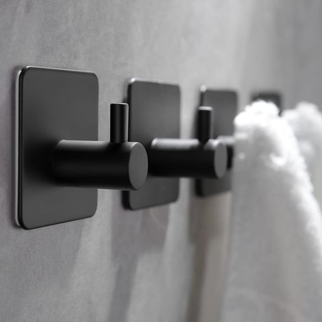 Ganchos para toallas/toallero sin taladrar - Ganchos de acero inoxidable, ganchos adhesivos, ganchos de pared, ganchos adhesivos autoadhesivos para cocina y baño, negro mate, 4 piezas (1/5)