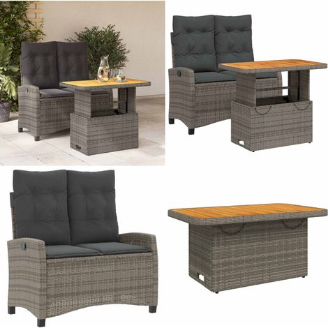 2-tlg. Garten-Essgruppe mit Kissen Grau Poly Rattan - Gartentisch - Sitzbank