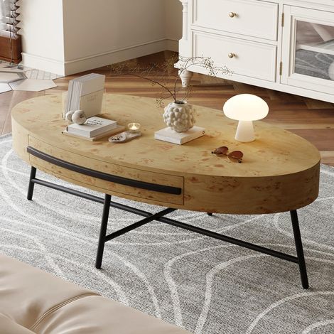 Table basse ovale 120 cm – bois tiroir pieds métal (1/5)