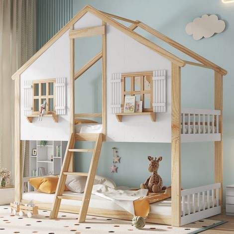Letto a castello bambini 90x200 cm a forma di casa con sponde di sicurezza, in legno bianco, materasso non incluso (1/5)