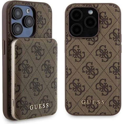 Pack Guess MagSafe 4G avec logo doré en métal - Coque + Batterie externe 5000 mAh MagSafe pour iPhone 15 Pro (Marron) (1/5)