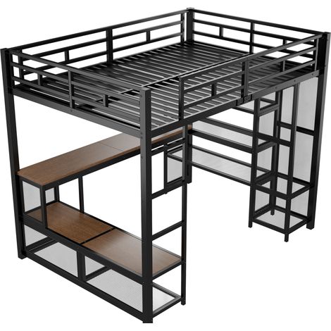Cama alta metálica negra 140x200 cm con escritorio, estantes, armario abierto, LED y USB (1/5)