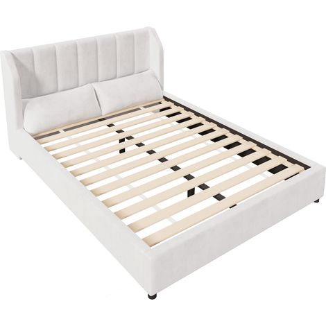 Cama plataforma tapizada 140 x 200 cm en terciopelo beige con somier de láminas y 2 cojines (1/5)