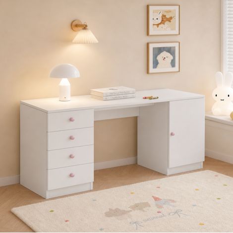 Bureau enfant 155x45x74 cm avec 4 tiroirs et étagère, rangement intégré, MDF blanc, poignées rose (1/5)