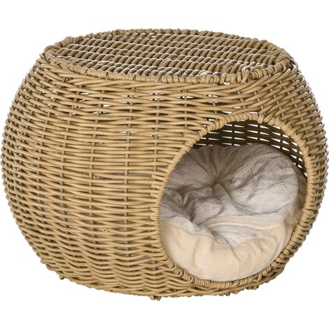 Niche en résine tressée imitation rotin pour chat, 2 étages avec coussin moelleux, Ø 40 x 30 cm, marron clair (1/5)