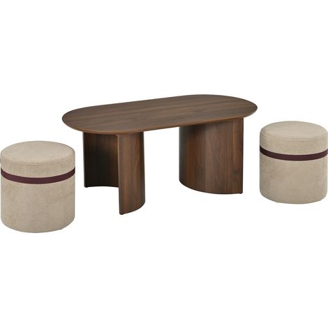 Set tavolino da salotto ovale con 2 pouf imbottiti MDF noce (1/5)
