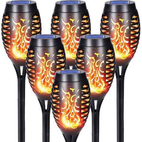 Lot de 6 lampes solaires d'extérieur 12 LED avec effet flamme réaliste Étanchéité IP65 Torches solaires pour la décoration des jardins, allées, arrière cours, pelouses et balcons (1/5)