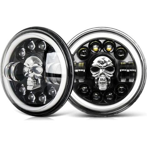 (1pcs)Phare De Moto 7 Pouces Phare Rond De Moto LED Phare Oeil D'ange Motif Tête De Crâne éclairage Blanc Pour Modification Universelle De Moto