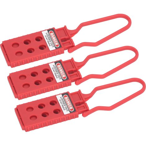 Lot de 3 moraillons de consignation à 6 trous pour isolation électrique, destinés à la maintenance et aux arrêts techniques. Diamètre des trous : 9 mm. (1/5)