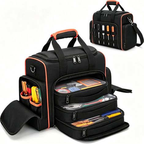 Sac à Outils Électricien 12 Pouces Oxford Multi-Couches - Sacoche Outillage Bandoulière Poignée Poches Zippées - Mallette Quincaillerie Plombier Menuisier Artisan Chantier Charge 2,5 kg Noir Orange 29 (1/4)