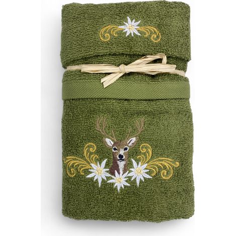 Set Asciugamani Tirolese Cervo e Stelle Alpine Verde - Tirolo - Spugna 100% Cotone - Ricamo Made in Italy
