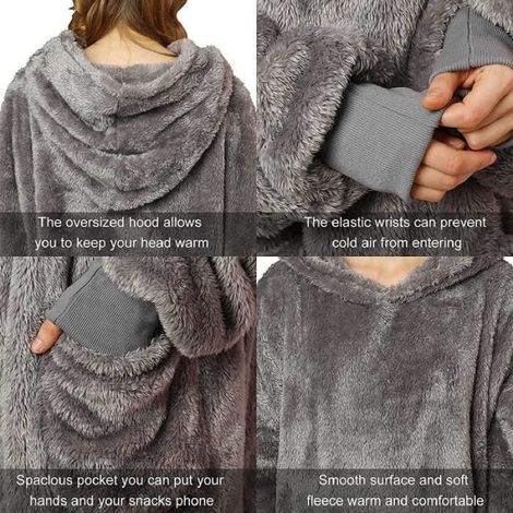 Couverture à Capuche - - Gris - Douce Flanelle - Lavable en Machine - Poches Pratiques (1/4)