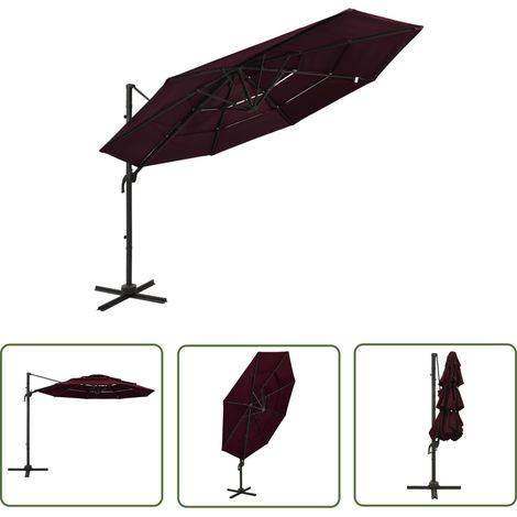 Parasol à 4 niveaux, Parasol pour Balcon Jardin Plage Terrasse, avec mât en aluminium Bordeaux 3x3 m OIB8679E (1/5)