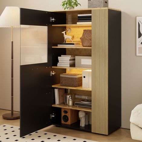 Armoire de rangement en panneaux de particules noir et naturel, porte vitrée, 2 tablettes réglables, LED 16 couleurs (1/5)