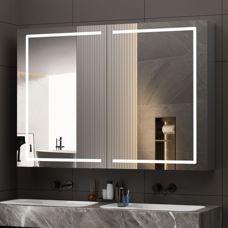 Grande Armoire LED 100x60 cm avec Prise et USB - Miroir Gris Premium - [Livrée Montée] - Rangement Intelligent & Anti-buée - Installation Facile - AquaWise