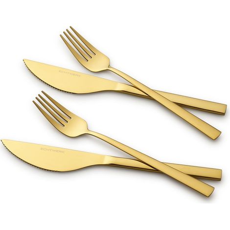 Set de couverts à pizza, couverts à viande, couverts de table 4 pièces pour max. 2 personnes, Avec 2 couteaux à pizza en acier inoxydable et 2 fourchettes à pizza, Gold Edition (1/5)