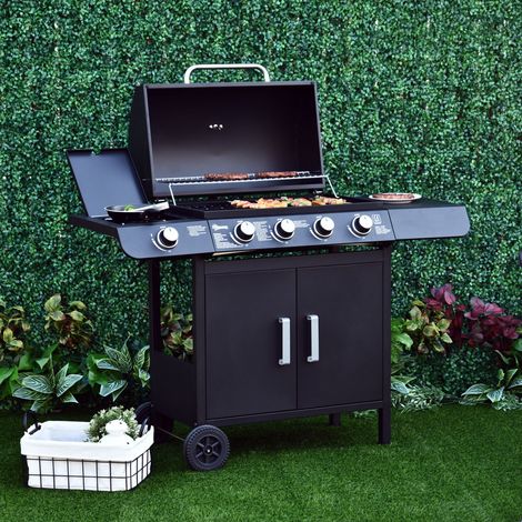 Outsunny Barbacoa de Gas con 4+1 Quemadores 14,4 KW Mesas Laterales Armario de Almacenaje Termómetro y 2 Ruedas Acero Inoxidable BBQ 125x51x100 cm Negro