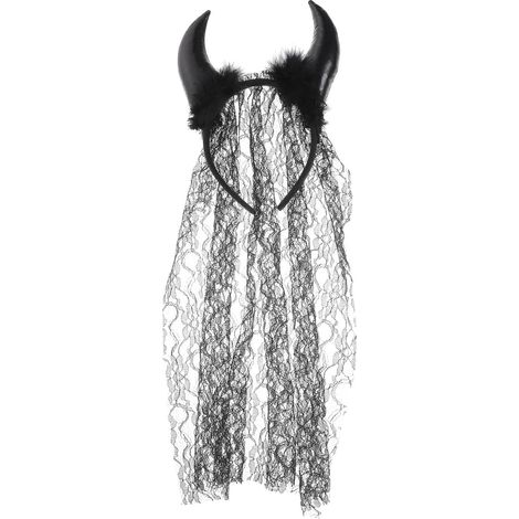 Black Lace Devil Horn Headband for Halloween with Veil (1/5)