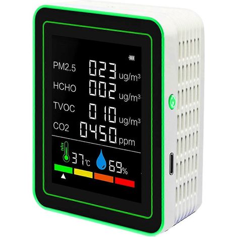 Moniteur de qualité de l'air 6 en 1 portable : température, humidité, PM2.5, HCHO, TVOC, CO2, CO2.
